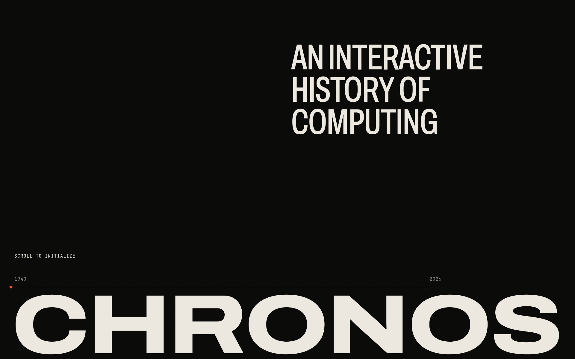 Opening screen of Chronos: the words AN INTERACTIVE HISTORY OF COMPUTING in off-white type on a near-black background, above a dashed line running from 1940 to 2026 and the word CHRONOS in very large letters