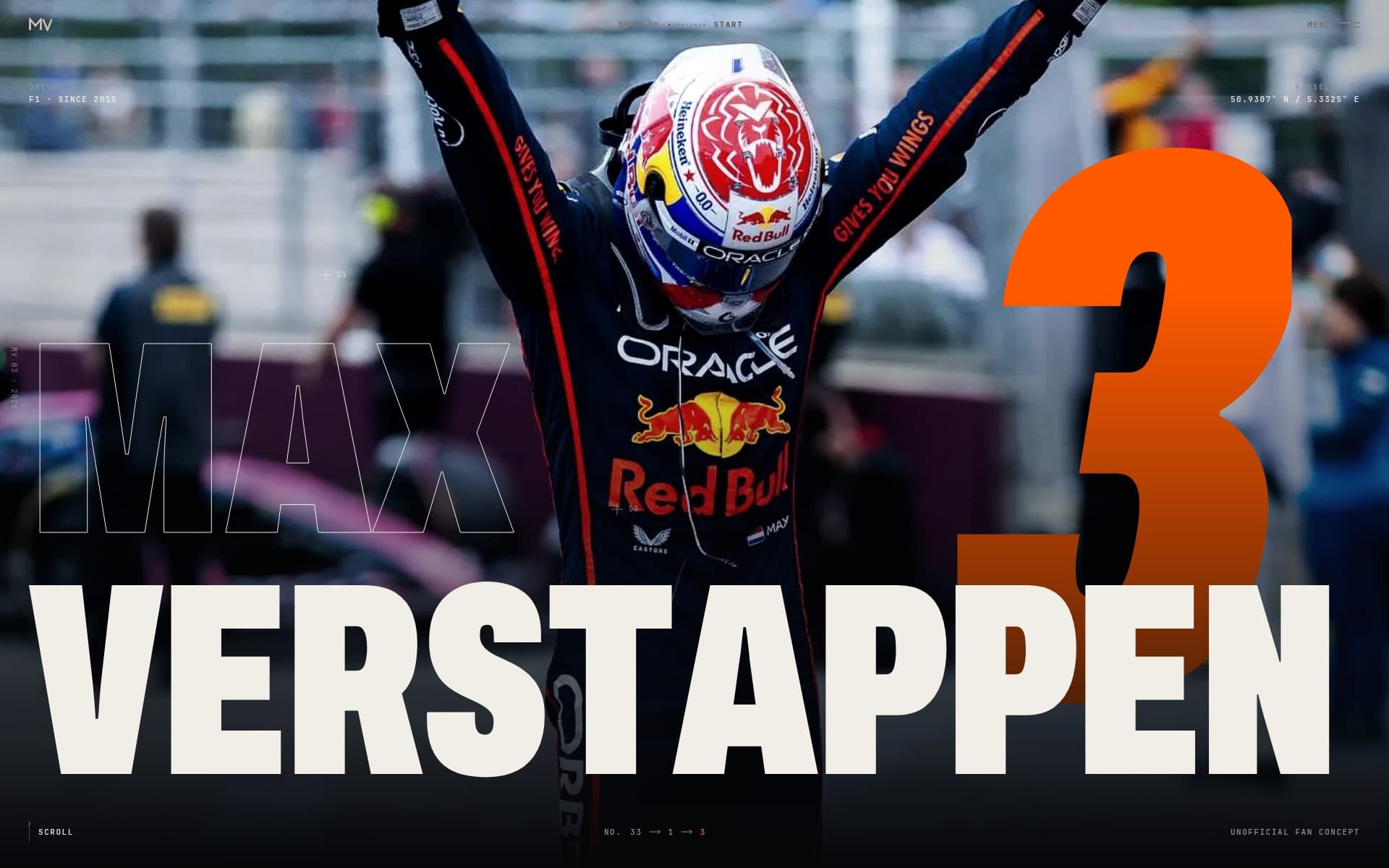 Home screen of the Verstappen fan experience: a driver in a navy race suit and helmet raising both arms, behind the word VERSTAPPEN in large type and an orange number 3